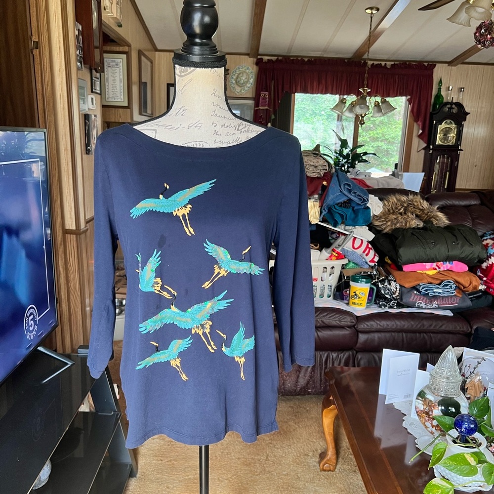 Woman’s LOFT brand quarter sleeve cranes birds shirt